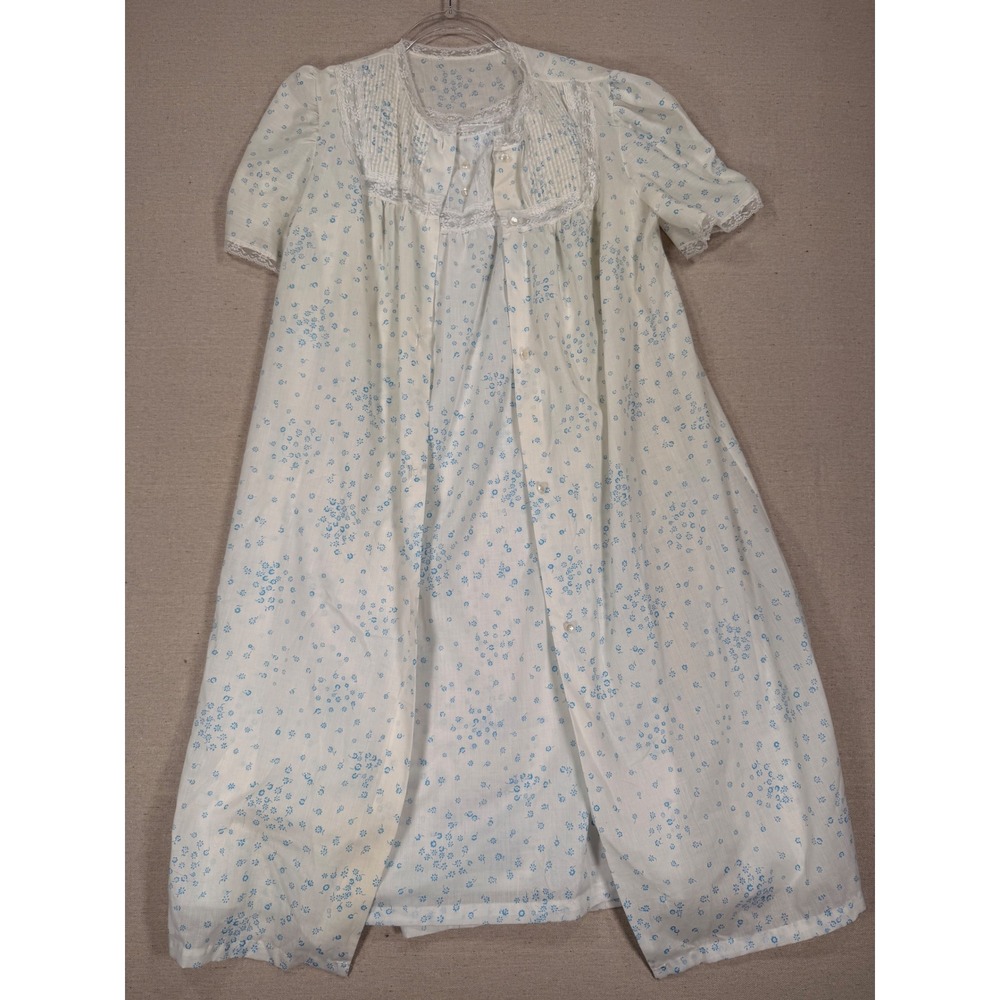 Vintage Sears Women Small Blue Floral Nightgown and Robe Set Lace Trim White